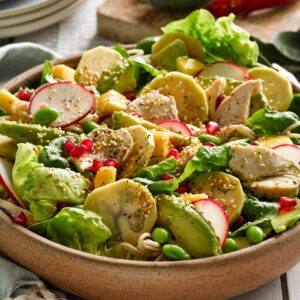 Autumn chicken salad with feijoa dressing