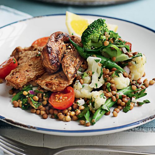 Balsamic chicken with warm lentil salad