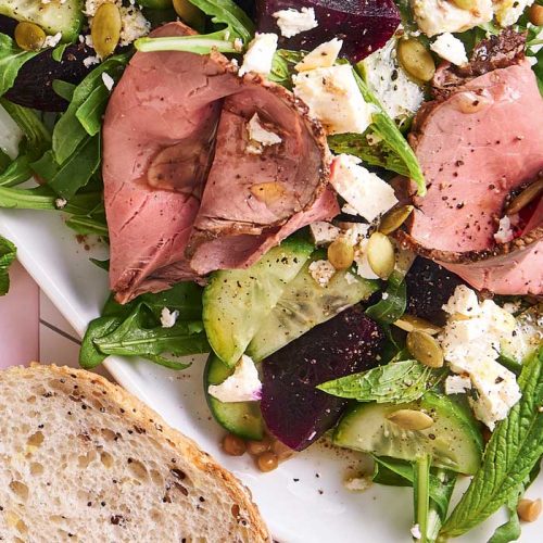 Beef, lentil, beetroot and feta salad