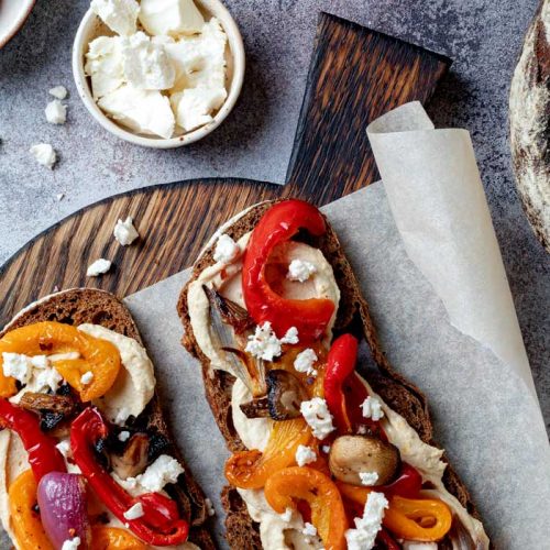 Roasted capsicum, feta and paprika sweet potato hummus