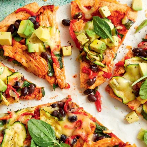 Chicken, black bean and roasted pepper pizza