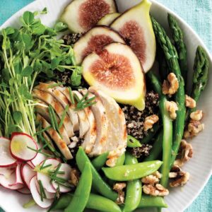 Chopped chicken, quinoa, fig and walnut bowl