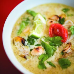 Coconut and cashew curry with roast vegetables