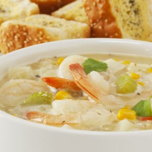 Corn chowder with garlic prawns