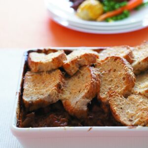 Crunchy-top Guinness beef and mushroom casserole