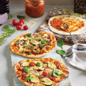 Chicken and asparagus individual pizzas