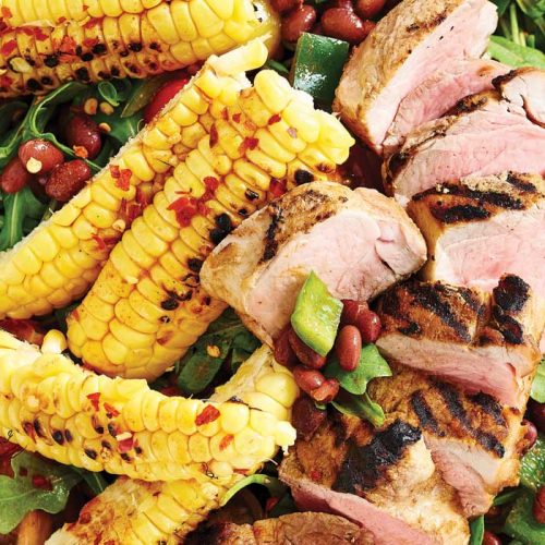 Grilled corn, smoky pork and tomato salad