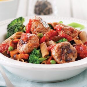 Harissa turkey meatballs with pasta and ratatouille sauce