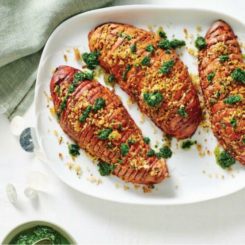 Hasselback sweet potatoes with crispy rosemary breadcrumbs