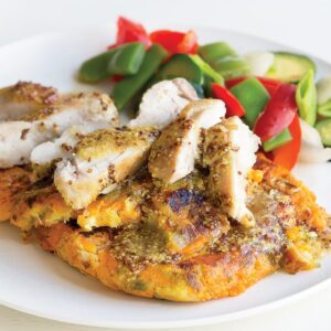 Honey-mustard chicken with kumara-sprout cakes