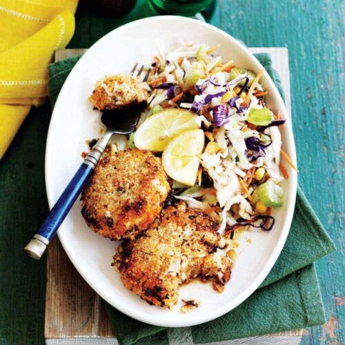 Sweet potato fish cakes with slaw