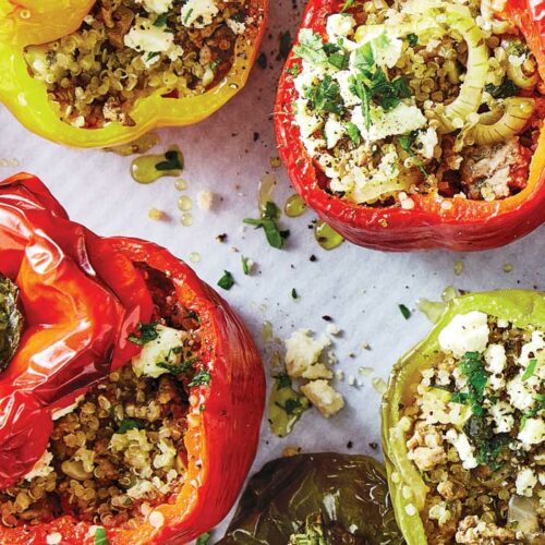 Lamb and quinoa stuffed capsicums with feta