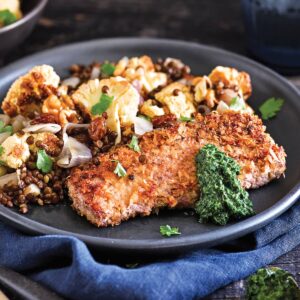 Lamb schnitzel with cauliflower and lentil salad and mint pesto