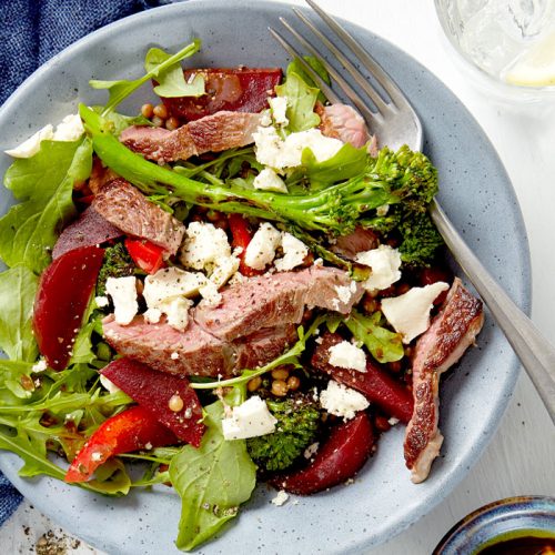 lamb with beetroot, feta, lentil and broccolini salad