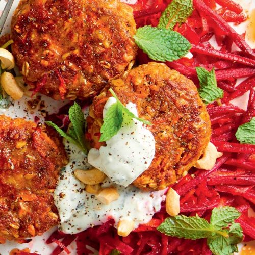 Lentil and cashew patties with carrot and beetroot salad