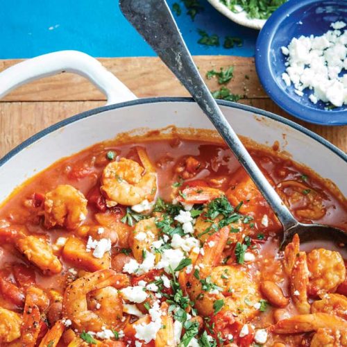 Mediterranean prawns with feta crumble