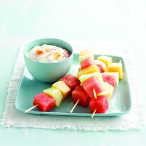 Melon skewers with berry swirl yoghurt