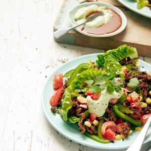 Mexi taco salad with tangy avocado yoghurt dressing