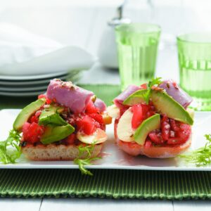 Mozzarella, avocado and tomato bruschetta