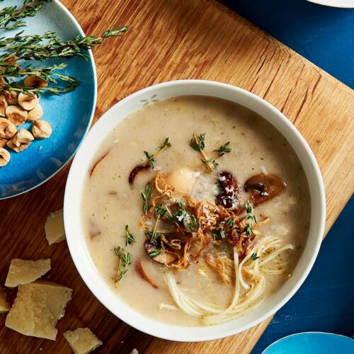 Mixed mushroom, butter bean and hazelnut soup