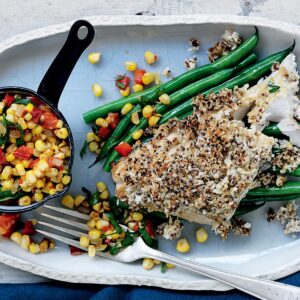 Mustard-coated fish with corn salsa