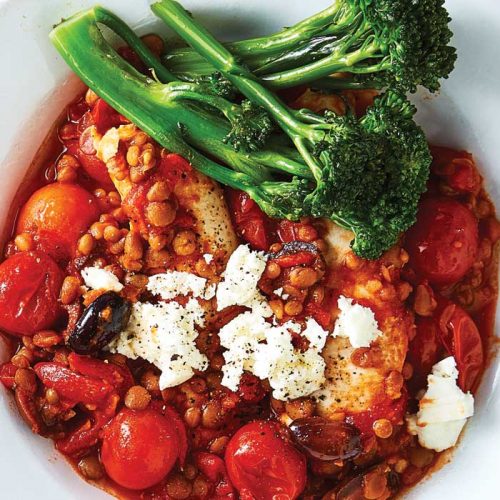 One-pan lentil and olive chicken