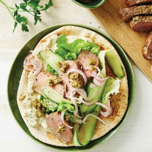 Oregano lamb with white bean hummus and flatbread