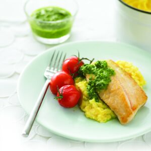 Pesto fish fillets with creamy polenta