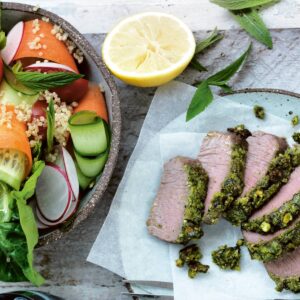 Pistachio and parsley-crusted lamb with quinoa salad