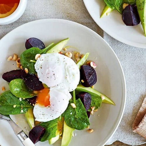 Poached eggs with avocado, beetroot and spinach