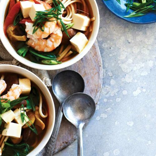 Prawn and silken tofu udon noodle soup