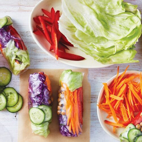 Rainbow vegie rice paper rolls with coriander sauce