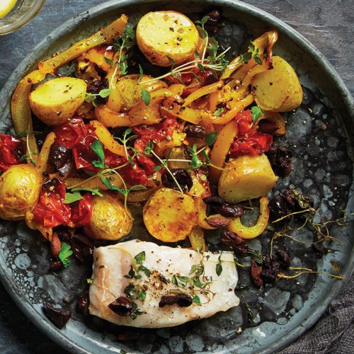 Roasted fish with warm capsicum and olive salad