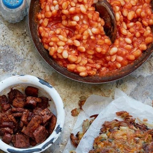 Root veg rosti with homemade beans