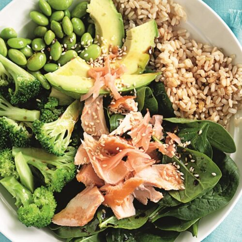 Salmon brown rice bowl