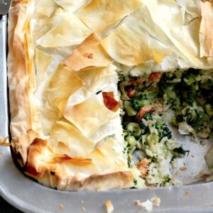 Salmon, leek, rice and broccoli filo pie