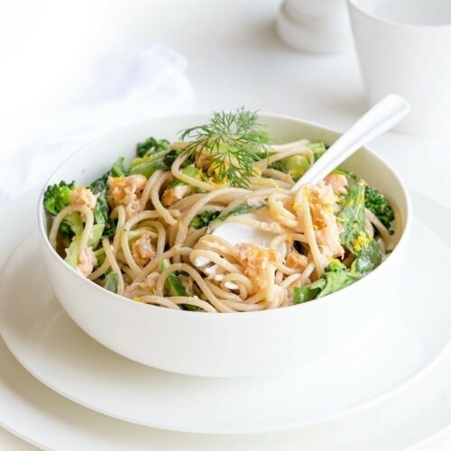 Salmon spaghetti with lemon, bok choy and rocket