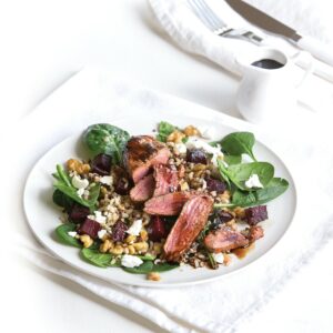 Seared smoked paprika lamb with brown rice and beetroot salad