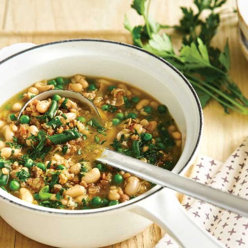 Spelt, white bean and pancetta soup