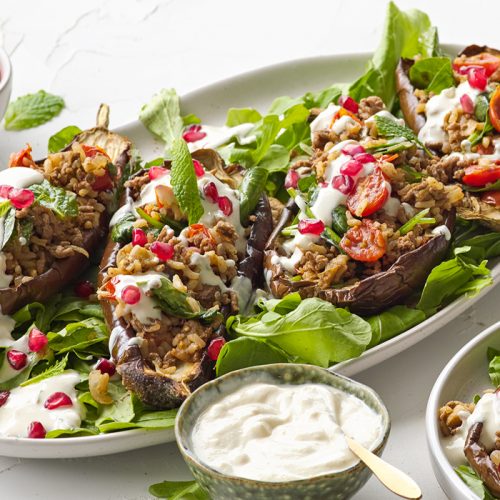 Stuffed eggplant with tahini sauce