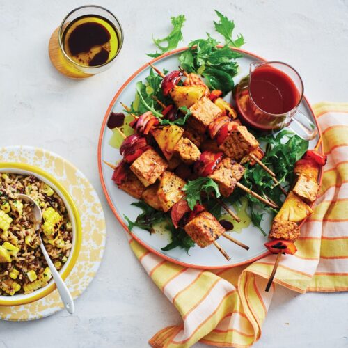 Sweet ‘n’ spicy tempeh and vegie skewers with rice