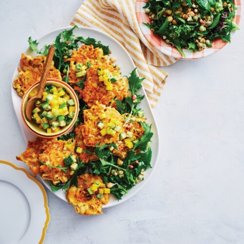 Tofu and sweet potato fritters with mango salsa