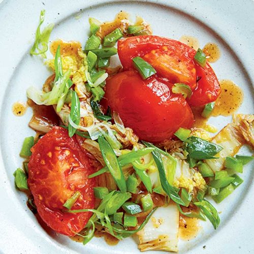 Vegan cabbage, tomato and spring onion stir-fry