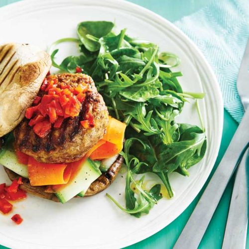 Turkey burgers with mushroom buns and capsicum salsa