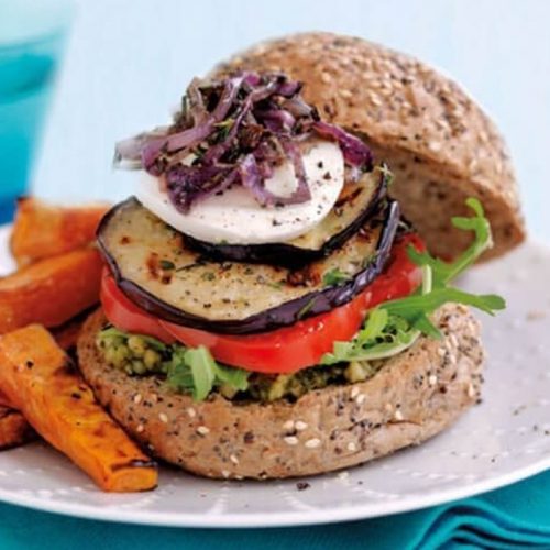 Vegetable burgers with kumara wedges