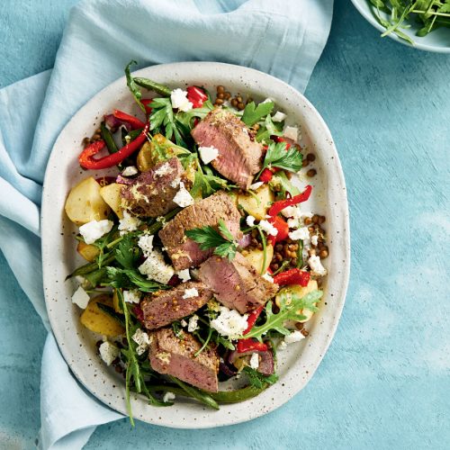 Warm mustard lamb, lentil and feta salad