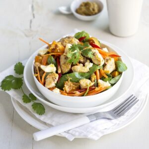 Warm chicken, pumpkin and feta salad with hummus