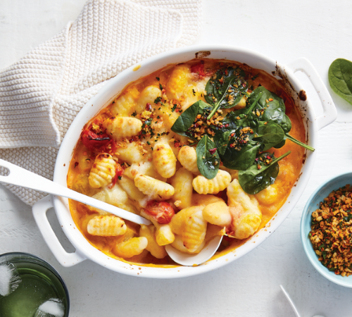 Pumpkin and tomato gnocchi bake with herb crumbs