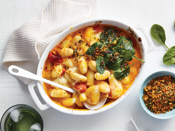 Pumpkin and tomato gnocchi bake with herb crumbs