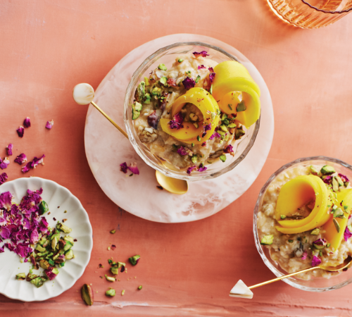 Kheer with cardamom, golden raisins & mango